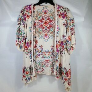 Bila Boho Duster Cardigan Sweater Women's XS/S Beige Floral Rayon Open Front